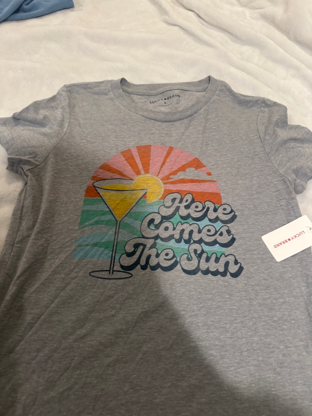 Lucky Brand Gray Graphic Tee with Retro Sun and Cocktail
